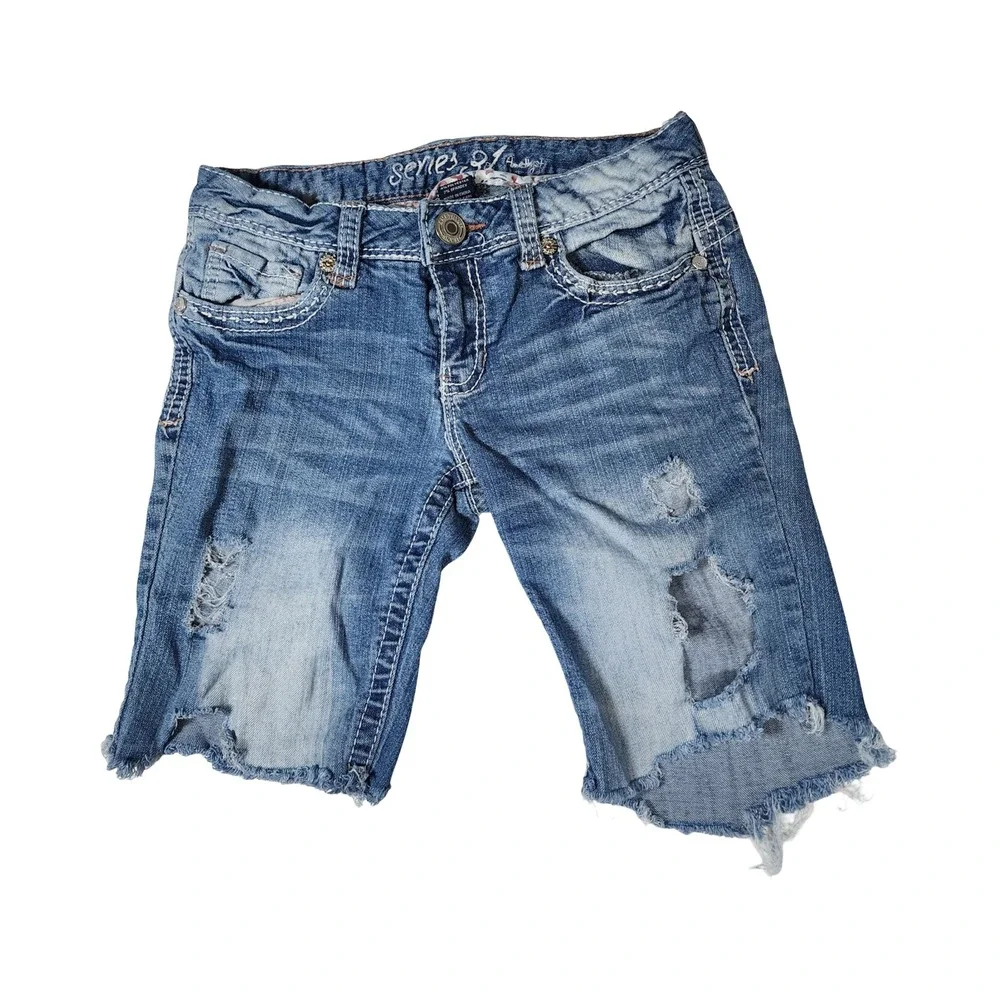 Series 31 Amethyst Distressed Denim Shorts Blue Sequin Flap Pocket Size 3
